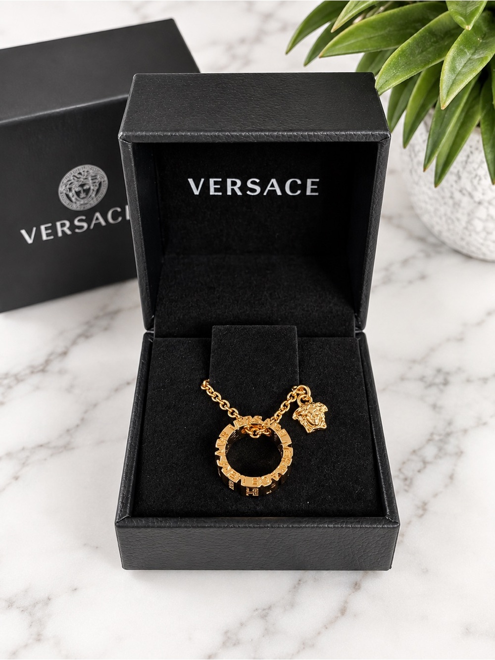 VERSACE - Gold Tone Logo & Medusa Ring Charm Pendant Necklace